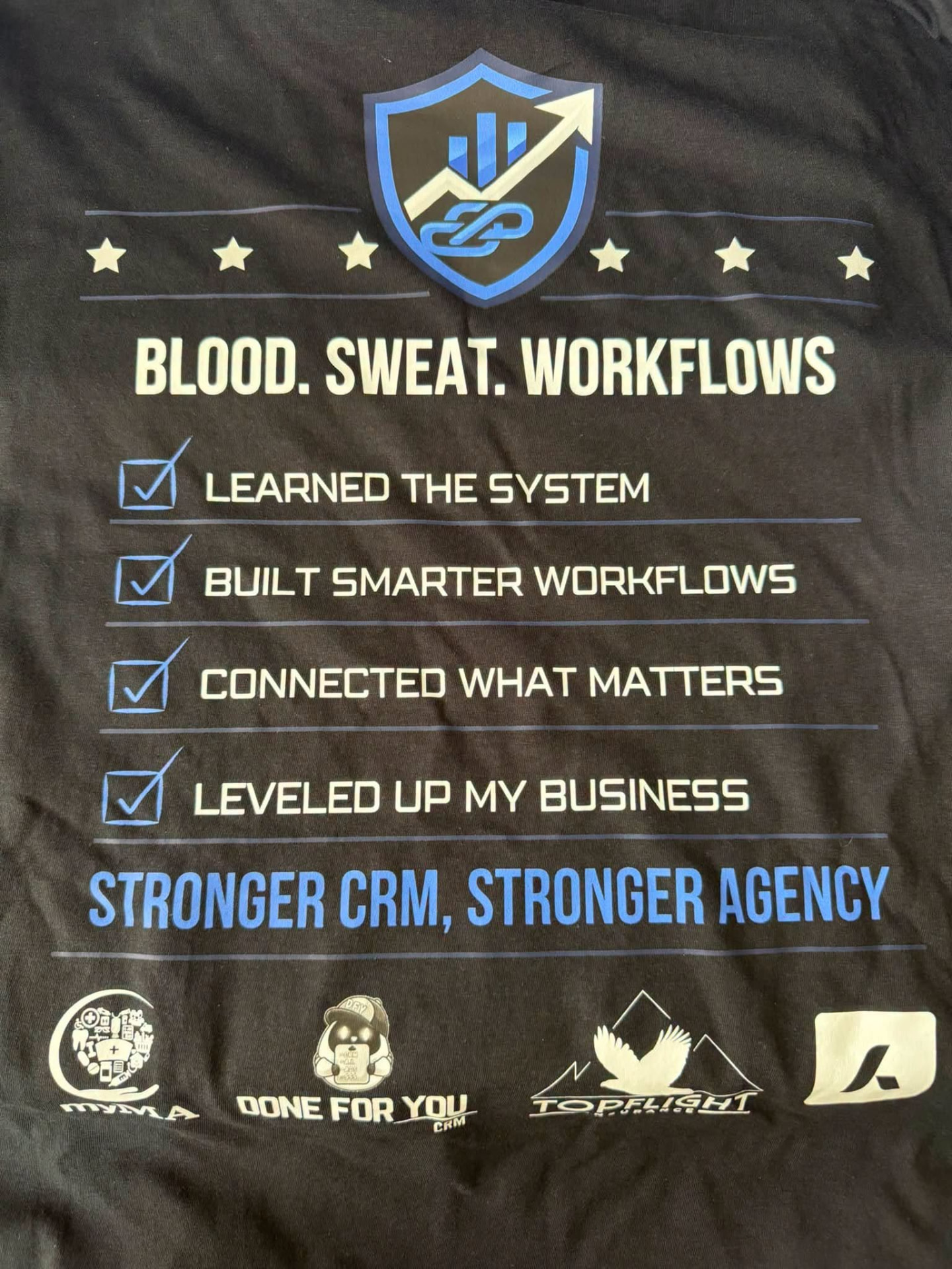 Back of the bootcamp shirt listing what attendees accomplished
